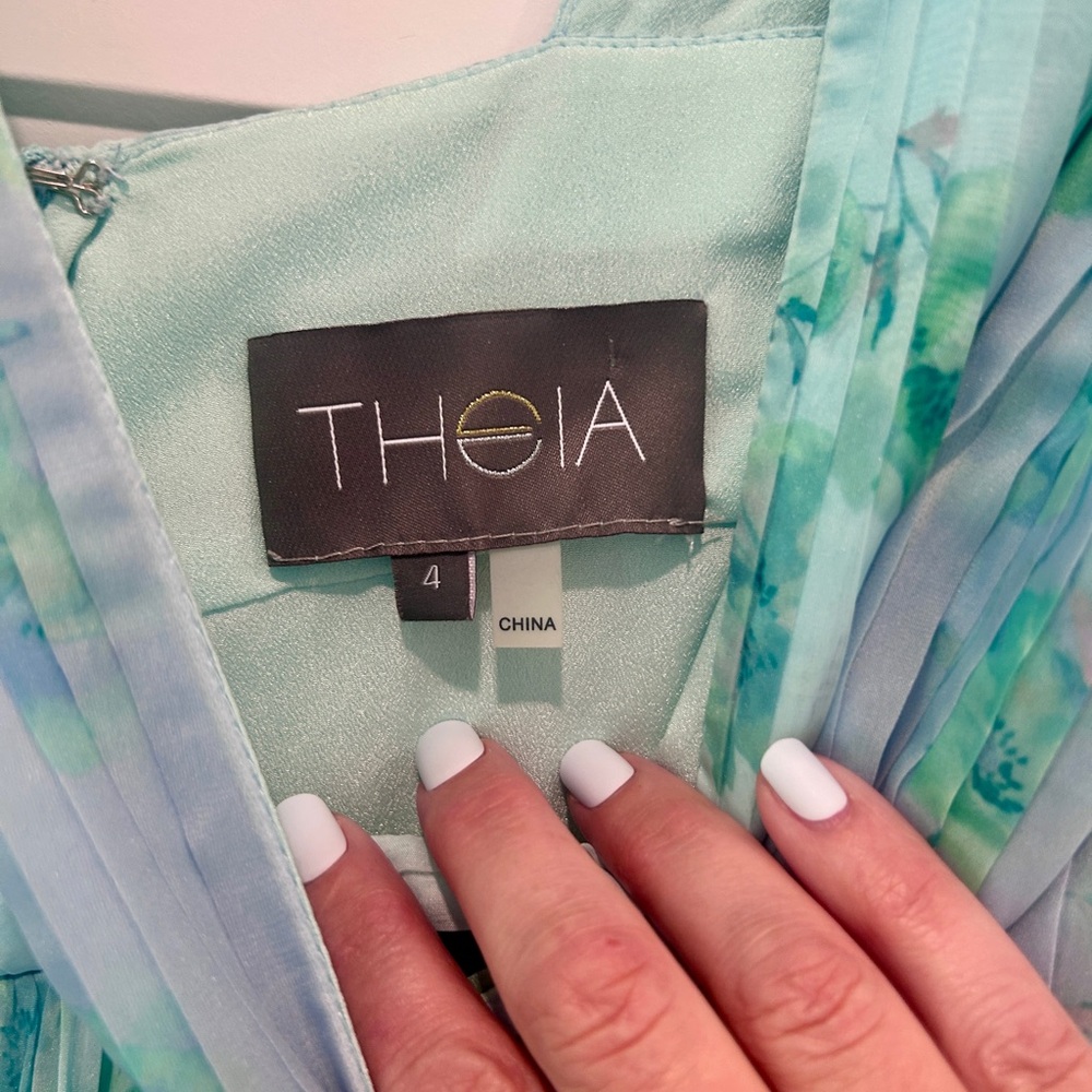 THEIA Pleated Chiffon Dress Blue Green Watercolor Halter Midi 4 Wedding Guest - Picture 5 of 15